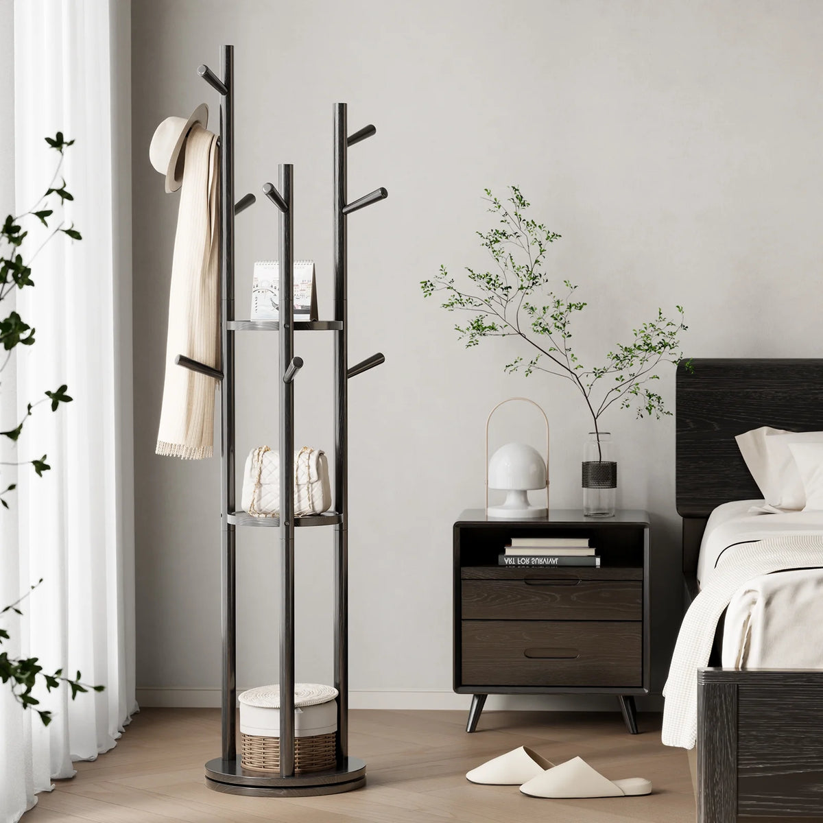 KASLANDI Solid Wood Rotary Coat Rack with 3 Shelves & 9 Hooks, Freestanding Hall Tree Stand, Coat Tree for Entryway, Living Room, Walnut, Easy Assembly
