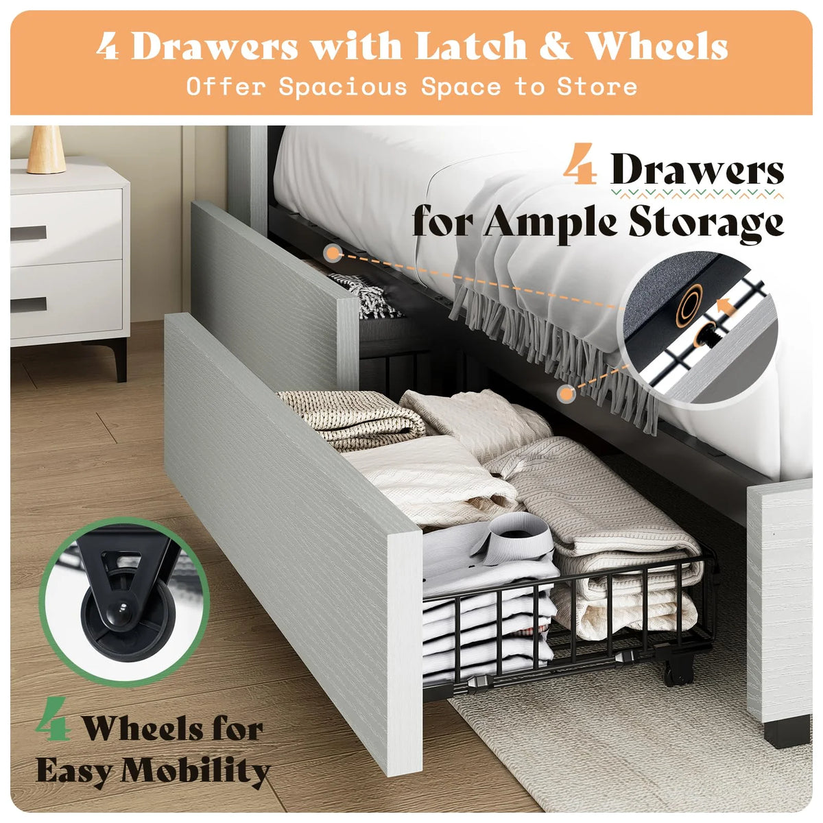 PLAUIN King Size Bed Frame with Storage Drawers, 47.2" Headboard and Wooden Platform, Grey