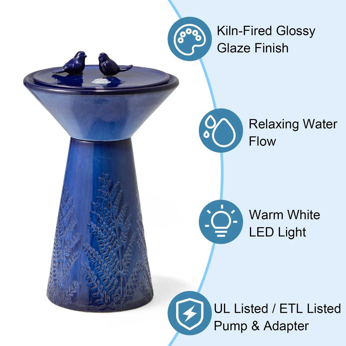 Glitzhome 27.5" Fountain with Pump and LED Light Embossed Pedestal Ceramic Bird Bath, Turquoise