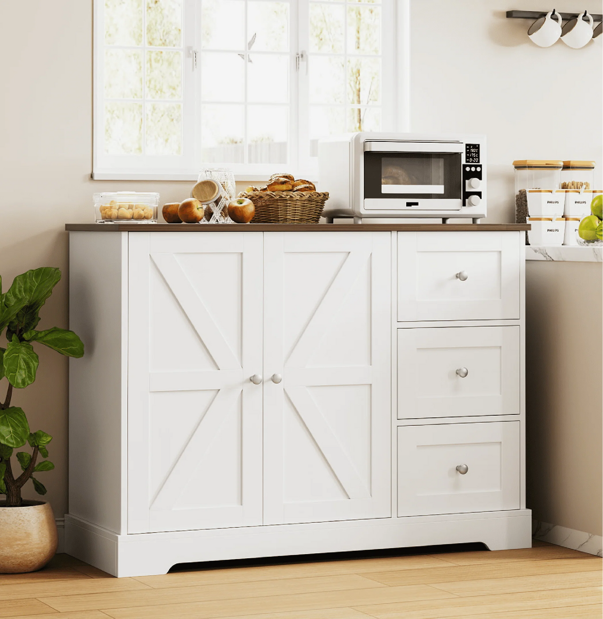 Homfa Farmhouse Buffet Sideboard with 3 Drawers, 2 Door White Wood Credenza Accent Cabinet for Dining Room Living Room