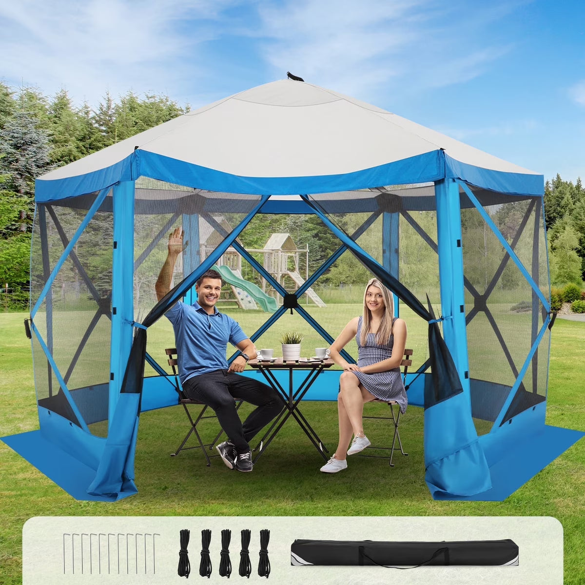 SANOPY 12'x12' Gazebo Outdoor Pop up Gazebo Screen Tent with 6 Sides Mosquito Netting Camping Gazebo Instant Shelter Glamping Tent with Carry bag, Ground Spike, Gray