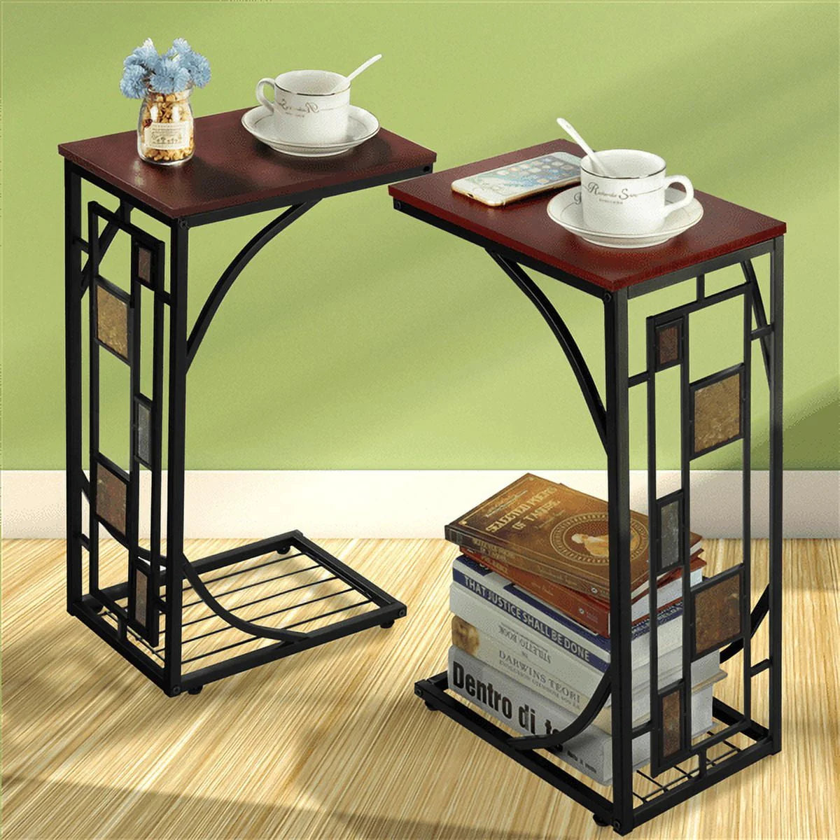 Easyfashion C-shaped Wood End Table, Set of 2, Brown/Black