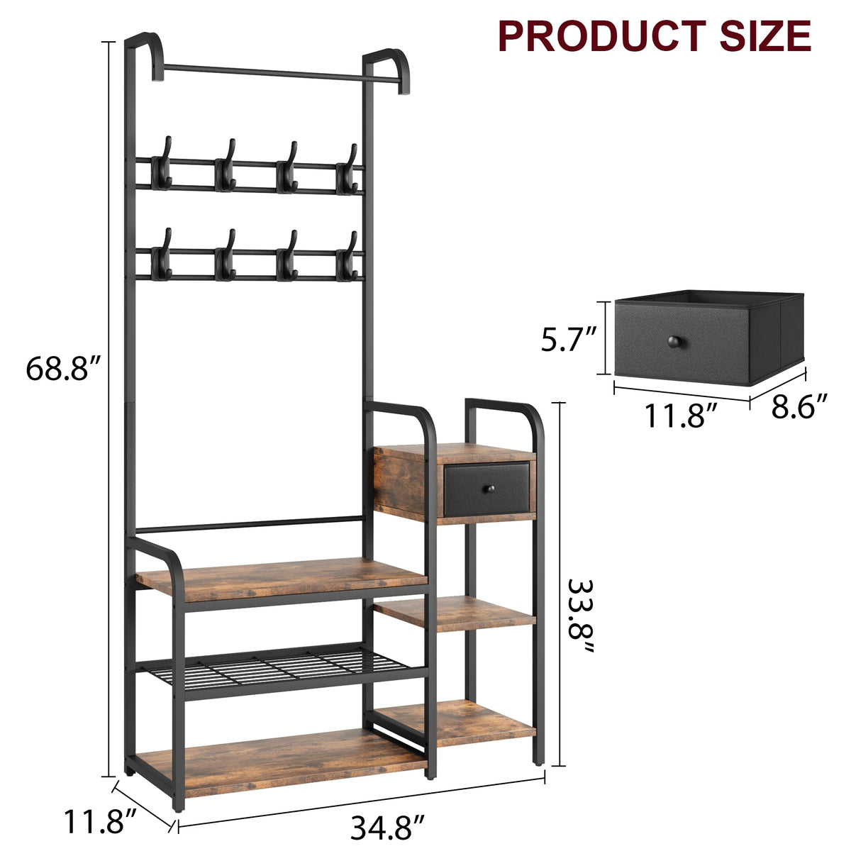 Zzistar Hall Tree Storage Bench, Coat Rack Shoe Bench with Storage Drawer, 5 in 1 Coat Tree Storage Shelf with 8 Hooks