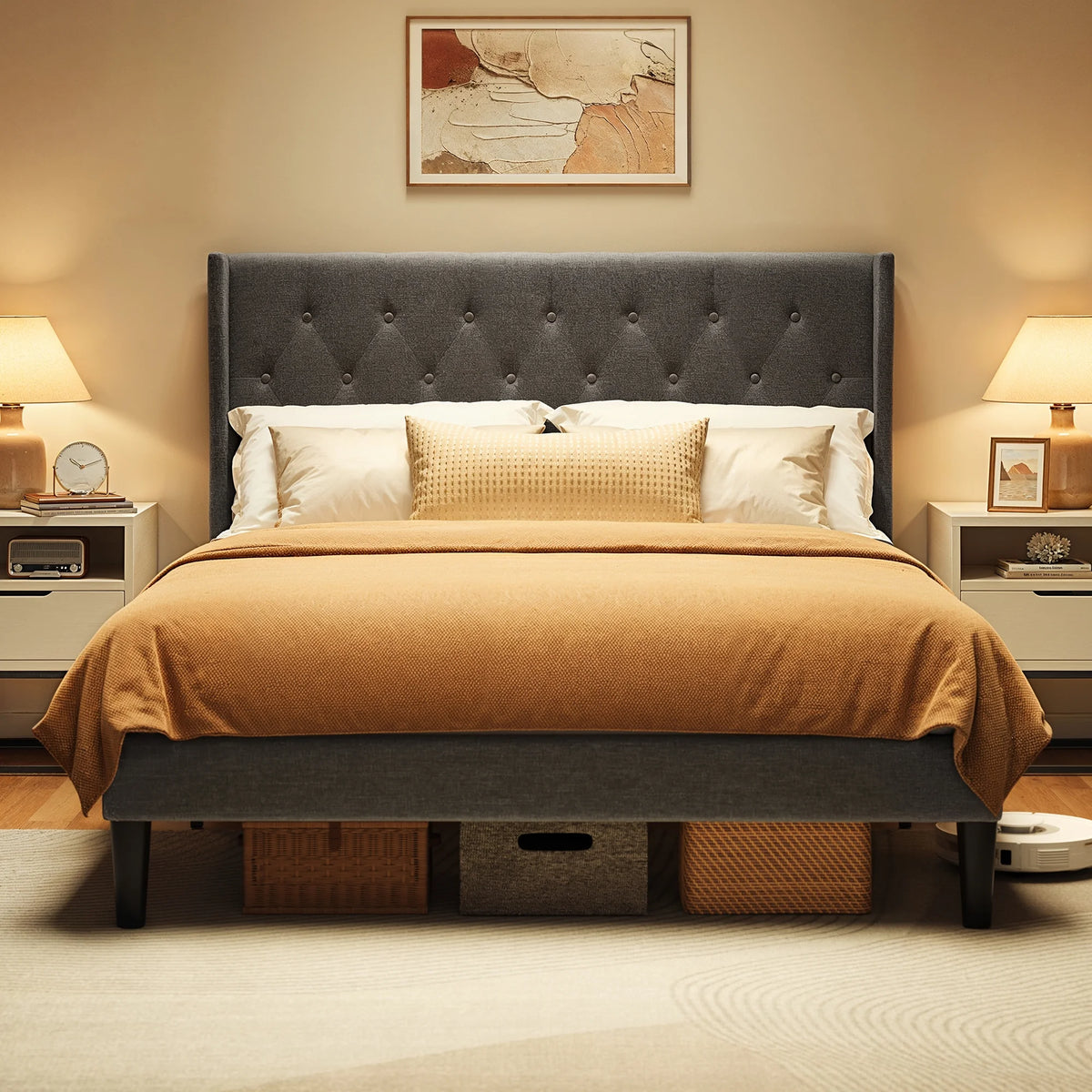 Full Size Bed Frame with Headboard, Under-Bed Storage, 850lbs, Beige