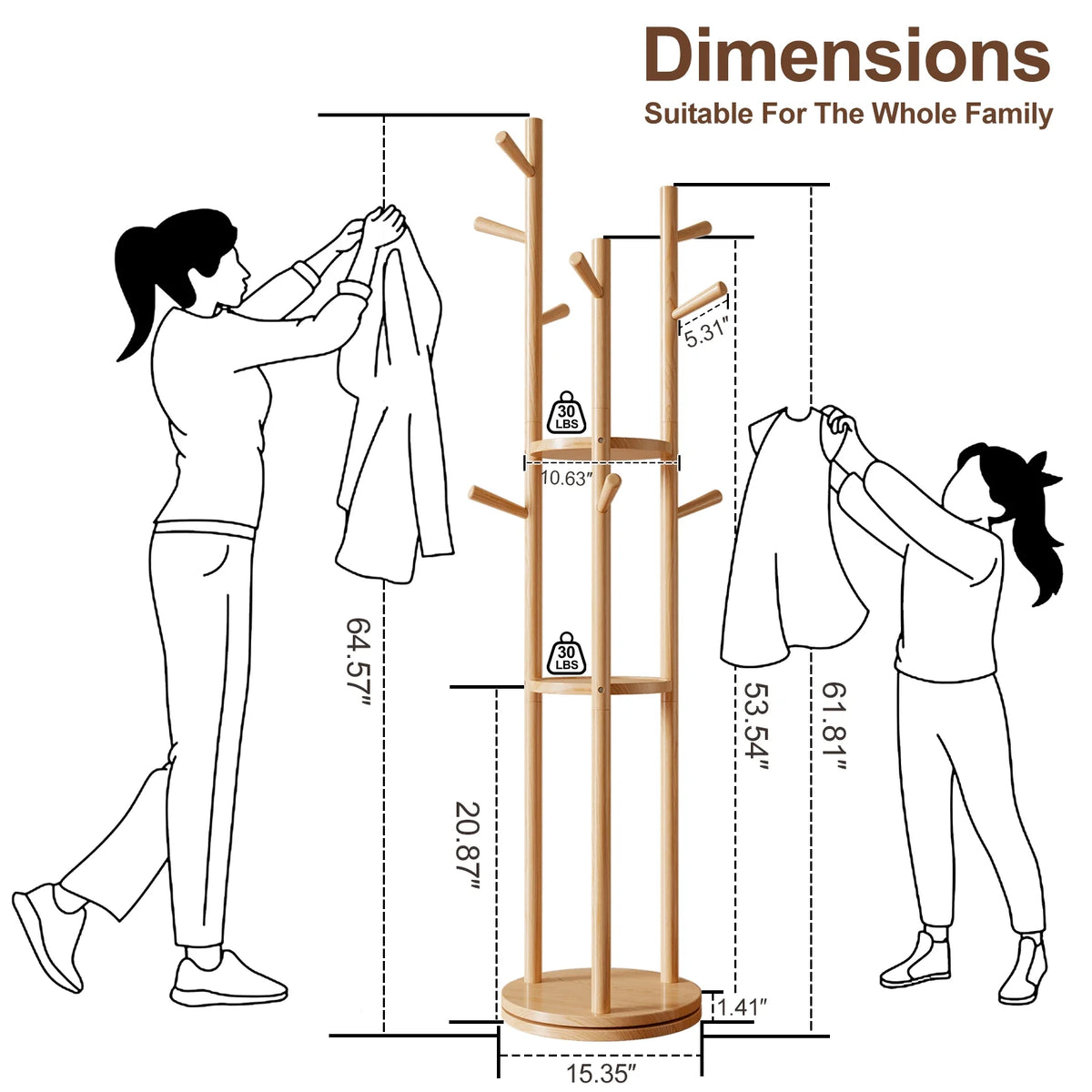 KASLANDI Solid Wood Rotary Coat Rack with 3 Shelves & 9 Hooks, Freestanding Hall Tree Stand, Coat Tree for Entryway, Living Room, Walnut, Easy Assembly