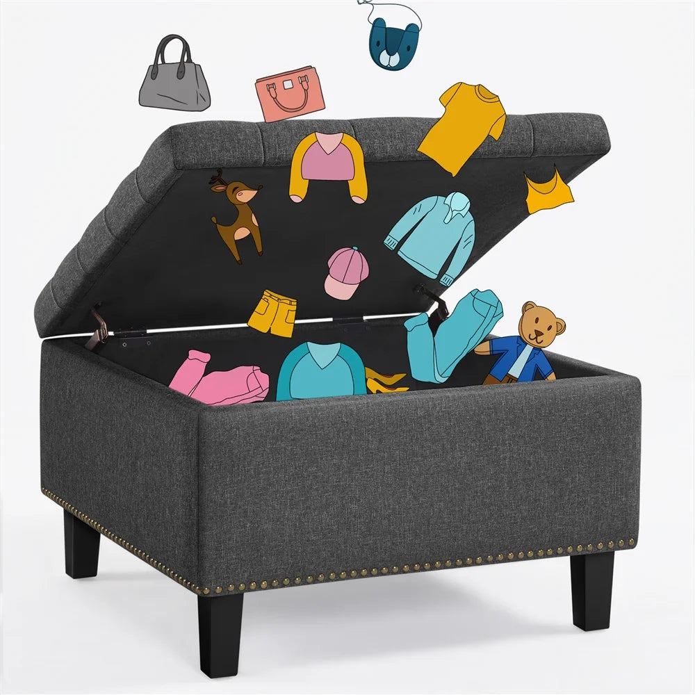Alden Design Modern Linen-like Storage Ottoman Bench with Button-Tufted for Entryway, Dark Gray