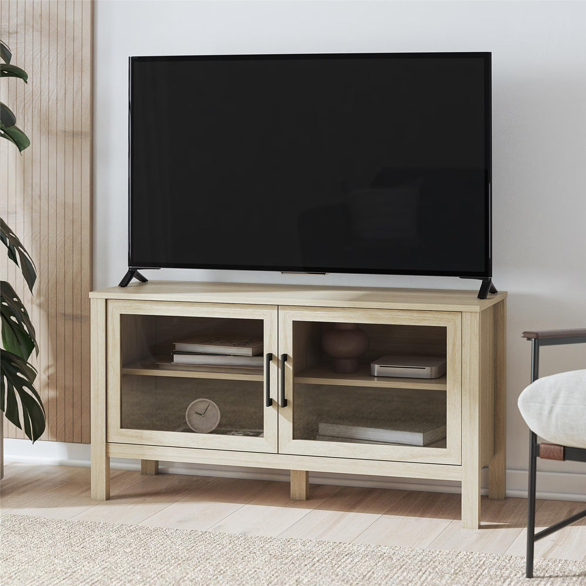 Mainstays Glass Door TV Stand for TVs up to 55", Spring Pine