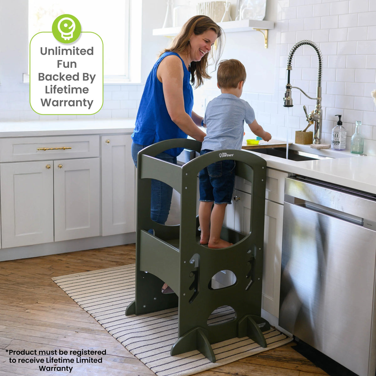 Little Partners Learning Tower Adjustable Height Kitchen Step Stool, Toddler Tower, Encourages Learning, Independence, and Engagement, Safety Climbing Tower for Kitchen Counter - Soft White