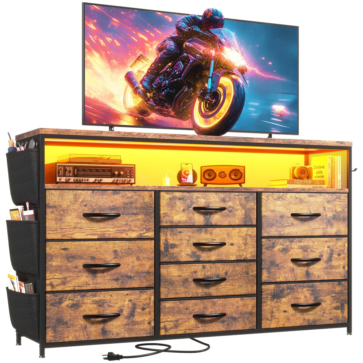 EnHomee Dressers for bedroom TV Stand with Power Outlets &LED Lights Wide Dresser with 10 Drawers&Side Pockets & Hook Fabric Chest of Drawers,Black