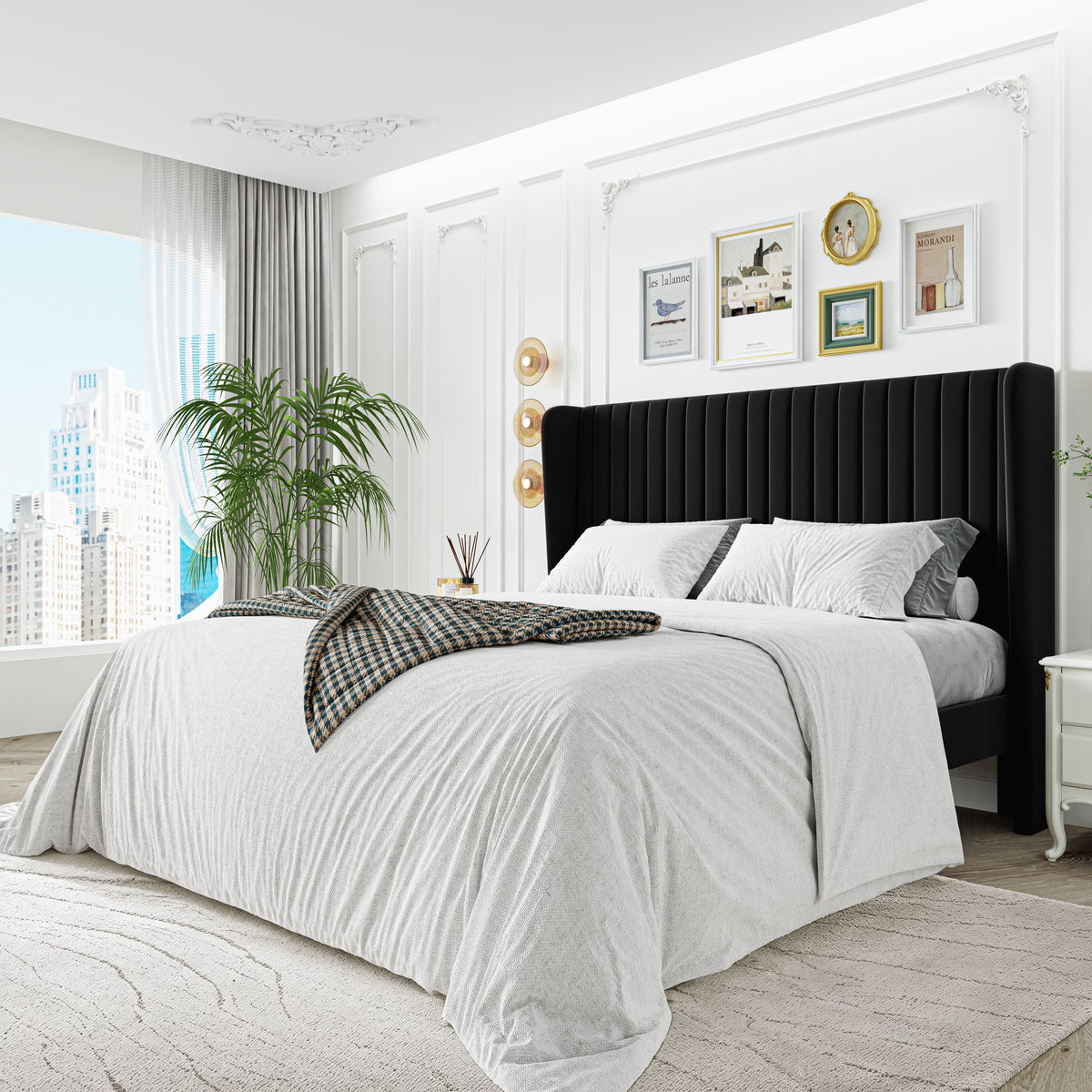 Sha Cerlin Queen Size Upholstered Platform Bed Frame with Velvet Channel Wingback Headboard, Off White