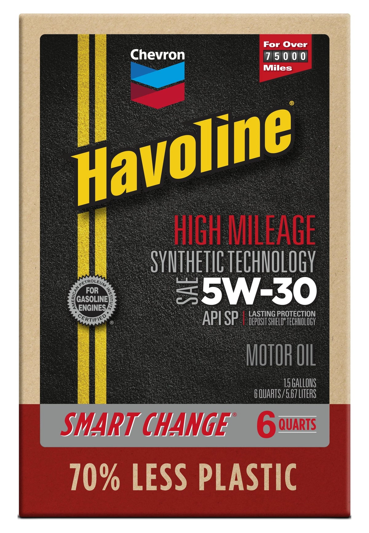 Chevron Havoline High Mileage Synthetic Technology Motor Oil 5W-30, 6 Quart Smart Change Box