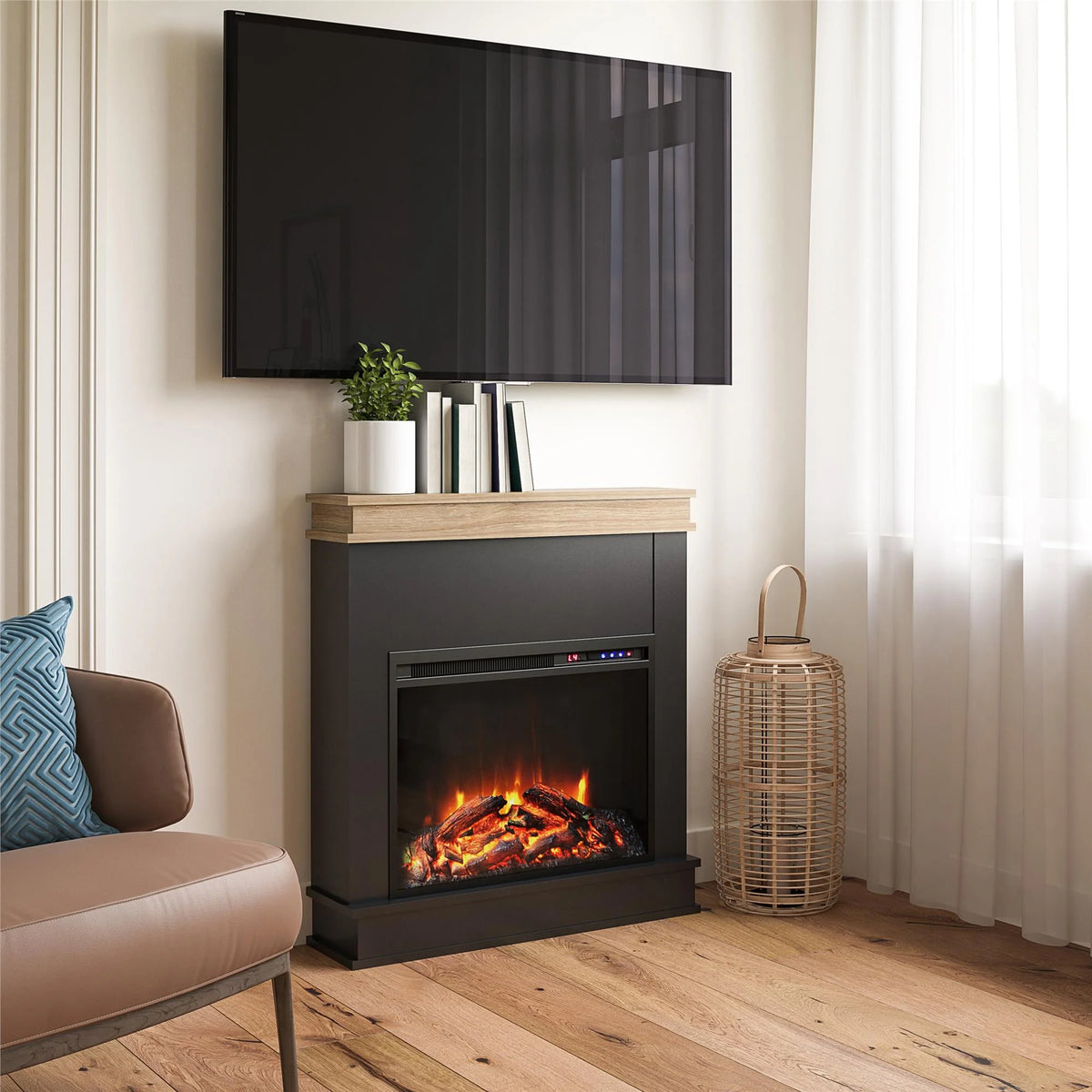 Mateo Electric Fireplace with Mantel and Touchscreen Display, Ivory Oak with Rustic Mantel