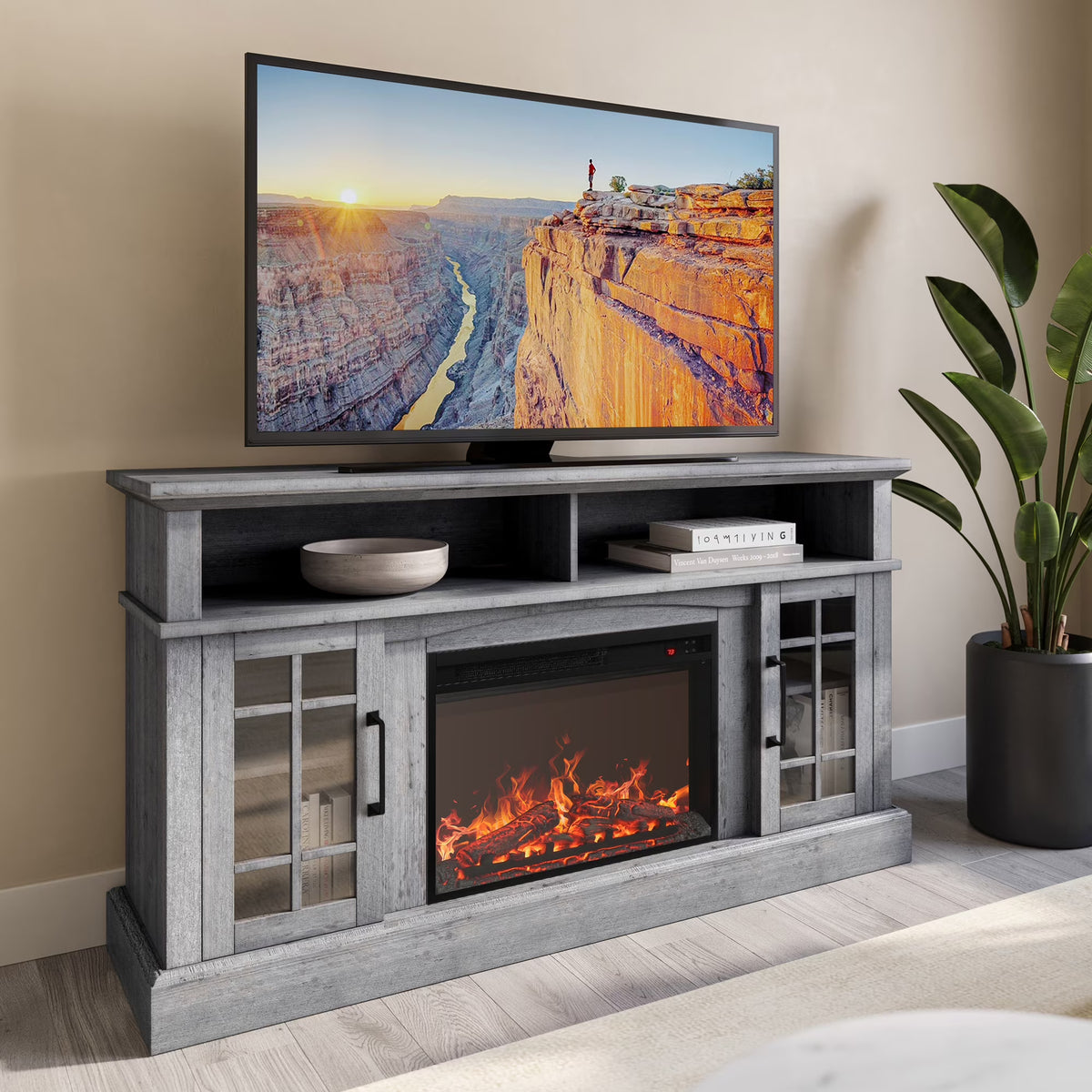 BELLEZE 58" TV Stand with 23" Electric Fireplace, Fireplace TV Console for TVs up to 65", Home Entertainment Center with Storage Cabinet and Adjustable Shelves - Astorga (Gray Wash)