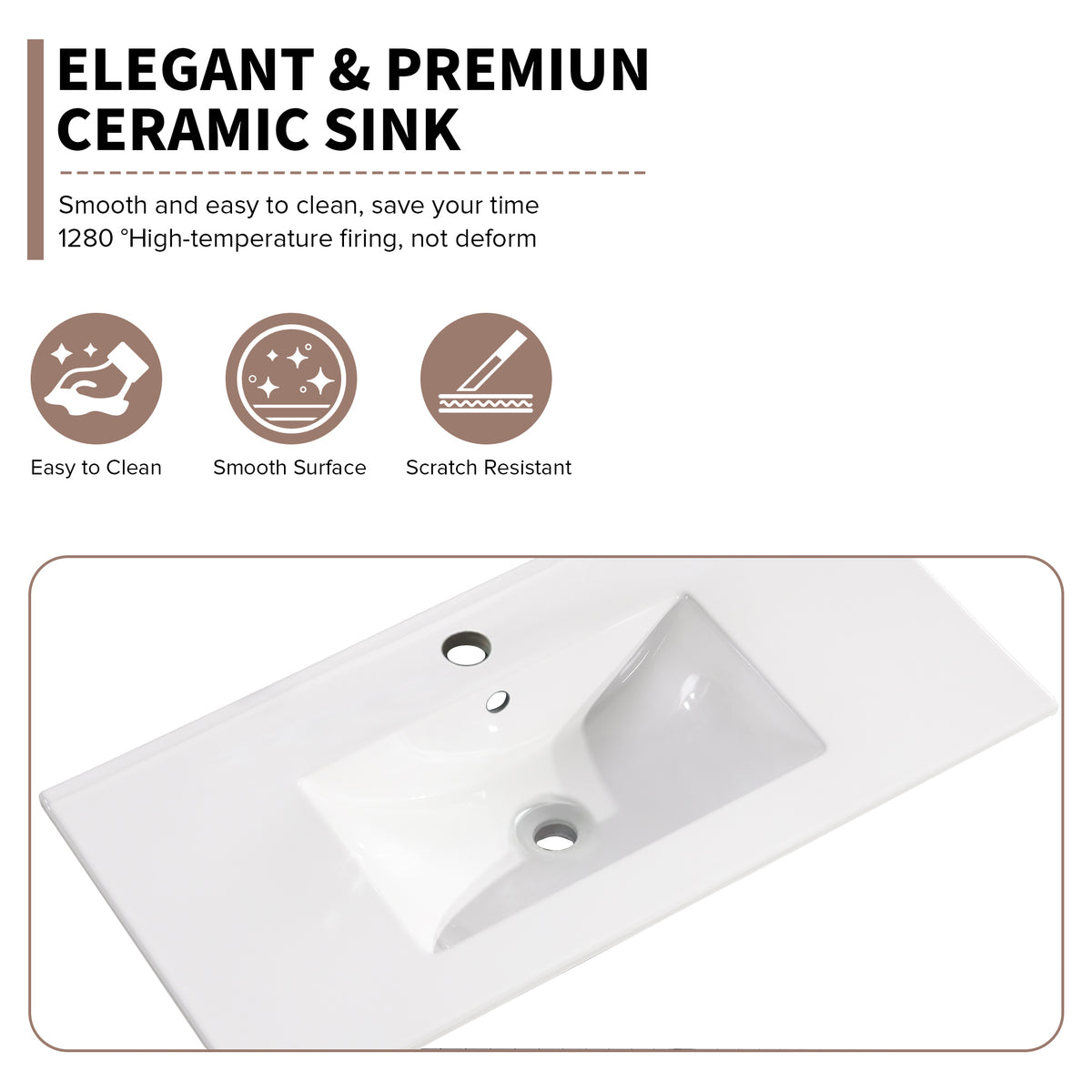 Miniyam 24" Ceramic Sink with Overflow, Drop in Bathroom Vessel Sink, White