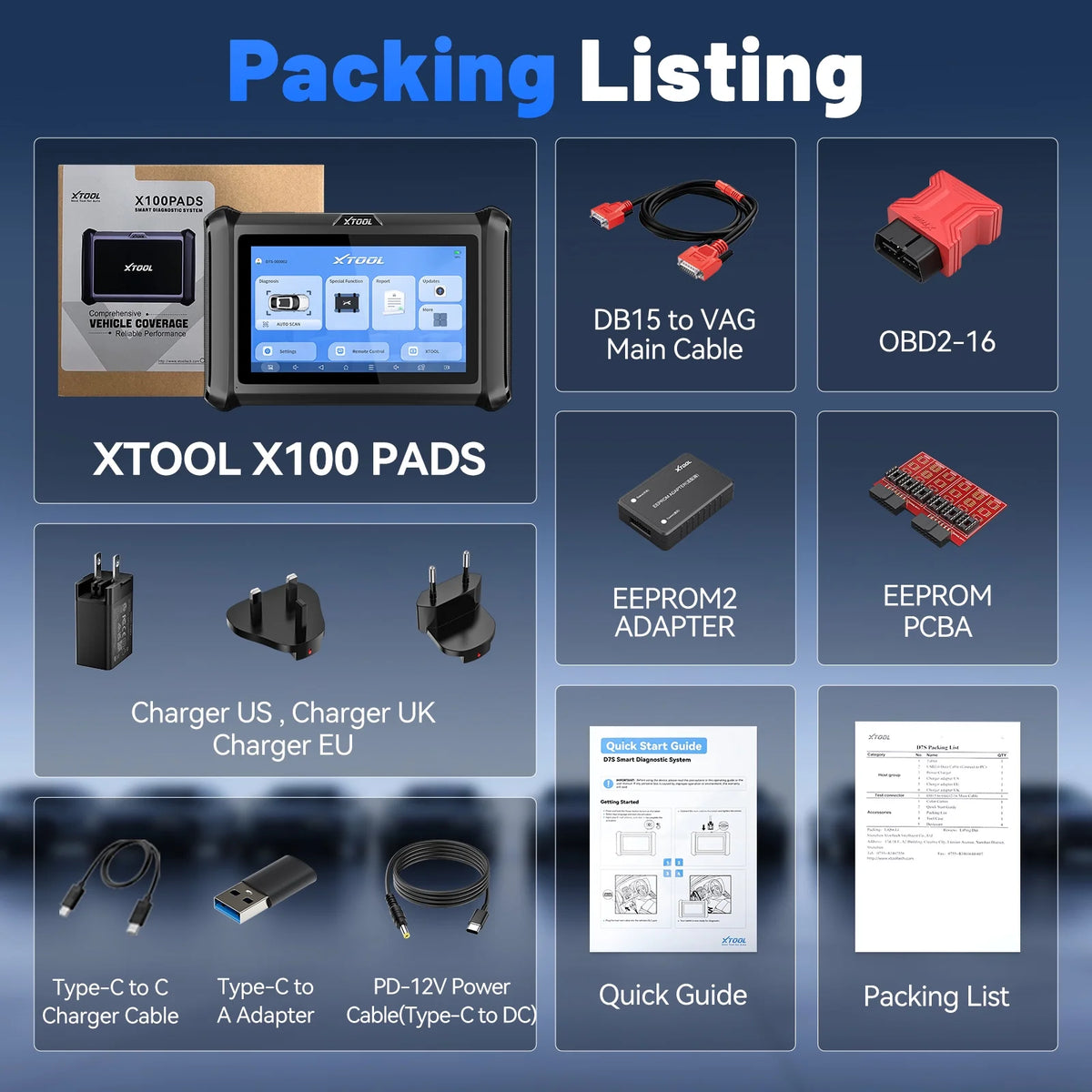 XTOOL X100 Pads Auto Key Fob Programmer Full System OBD2 Scanner 32+ Reset Functions IMMO EEPROM Adapter