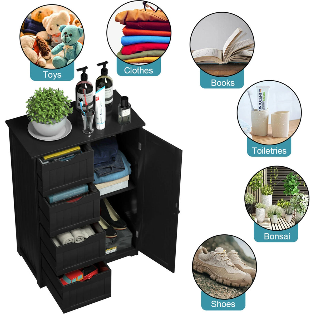 Gymax Bathroom Floor Cabinet Storage Organizer Cupboard w/ 4 Drawers Adjustable Shelf Grey