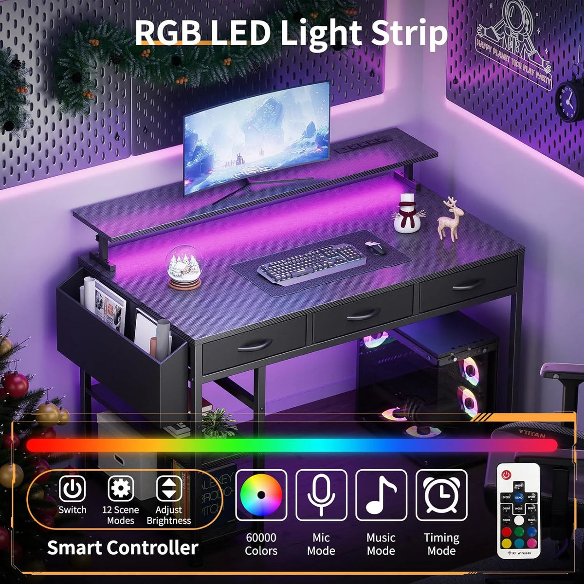 Upgo 55" Gaming Desk with Adjustable Storage Rack & LED Lights, Power Outlets for Adult and Teen