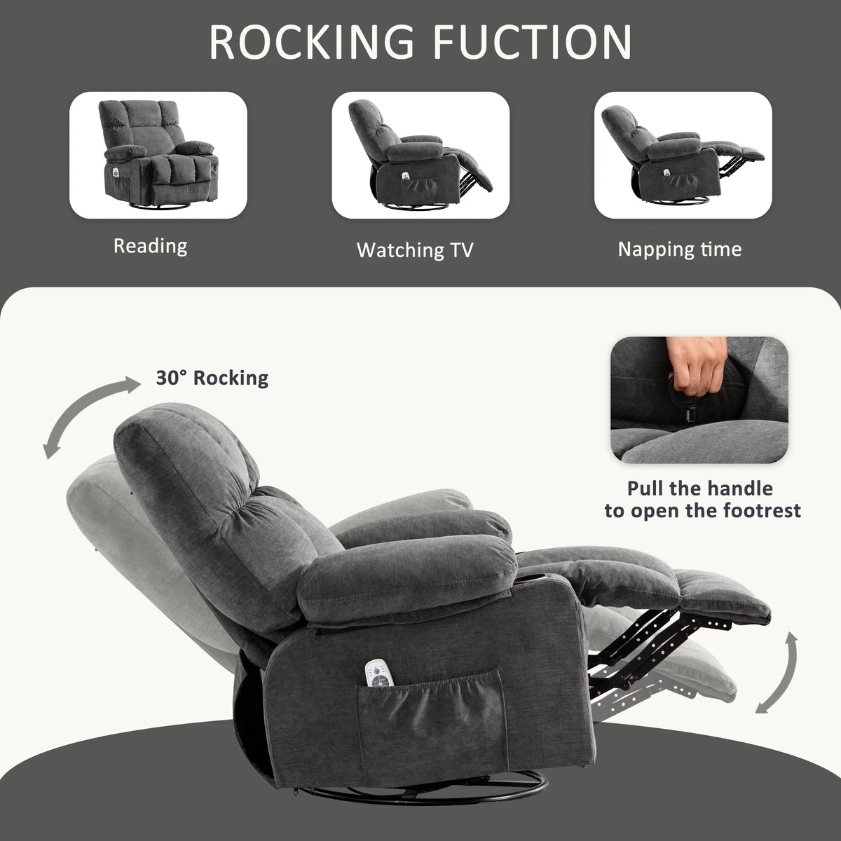 JONPONY Manual Recliner Chair with Heat Therapy and Massage Function, Heavy Duty Reclining Mechanism Massage Chair, Elderly Single Rocker Sofa with Cup Holders for Bedroom Home Theater,Grey