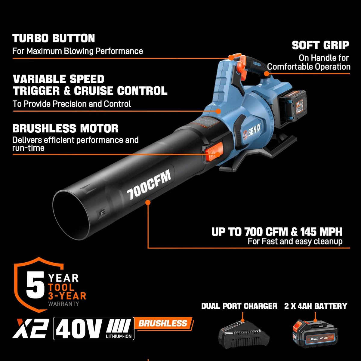 SENIX X6 60V Max* Brushless Cordless Leaf Blower with 4.0 Ah Battery and Charger, Variable Speed Up to 810CFM 170MPH, BLAX6-M1