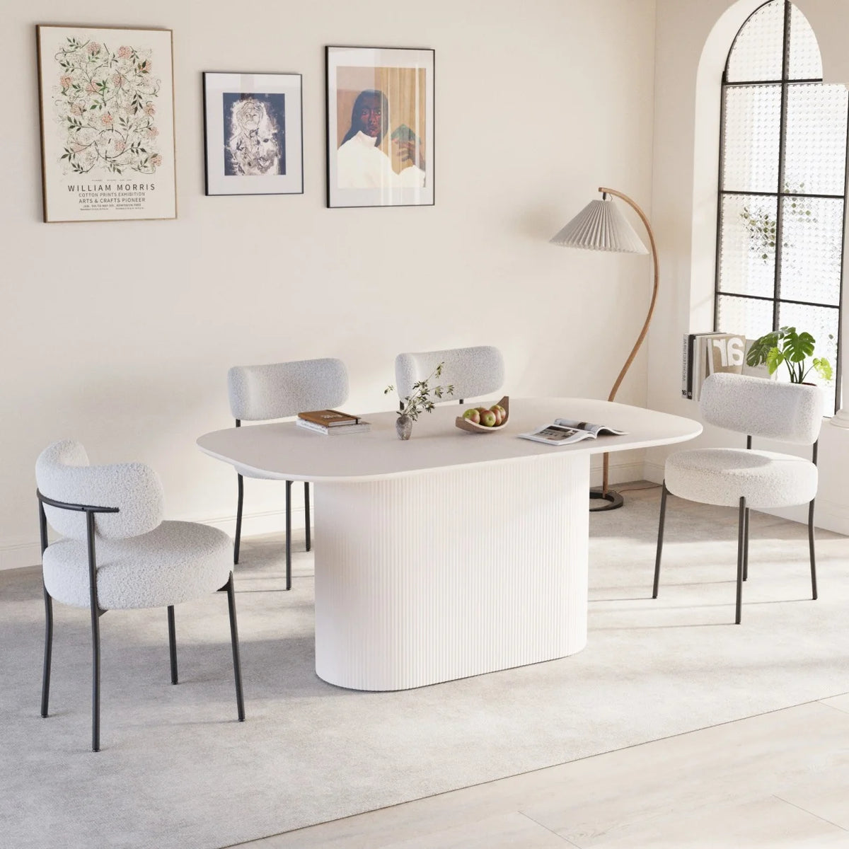 63 Inch Oval Dining Table Set with 6 Cushioned Chairs, Modern Wooden Dining Room Table Waterproof Scratch-Resistant Tabletop, Cream White for Family Gatherings