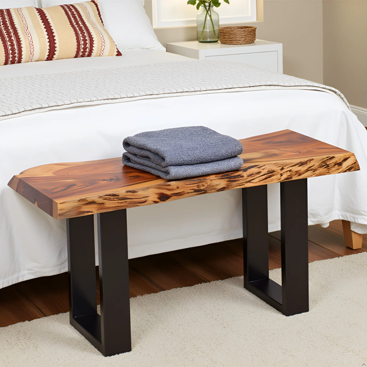 Alaterre Furniture Alpine 36-Inch Live Edge Solid Acacia Wood Bench with Black Metal Legs and Floor Protectors, Modern Farmhouse Entryway Hall Decor