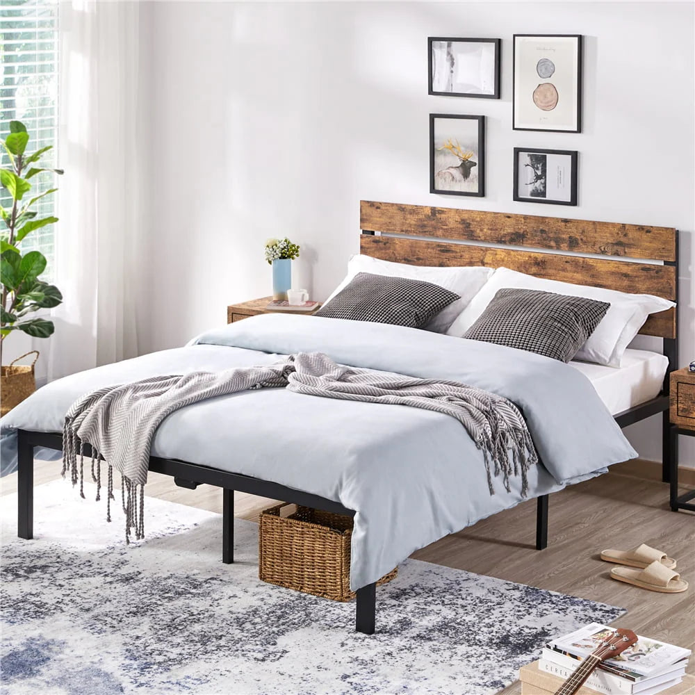 Easyfashion Metal Platform Queen Bed with Wood Headboard