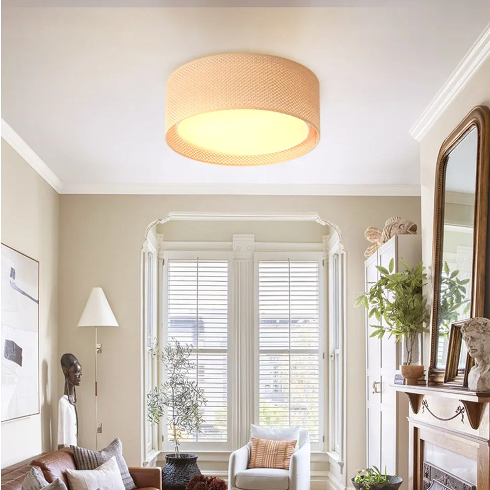 LEDET 15.7 in. Yellow Flush Mount Ceiling Light Rattan Weaving Shade Home Decor Pendant Lighting