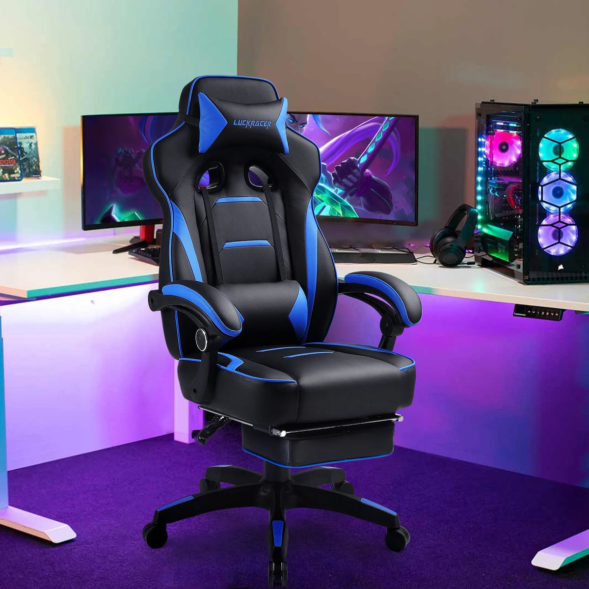 GTPLAYER Gaming Chair with Footrest, Big and Tall Game Chair 350lb Racing Style Computer Chair, Ergonomic Executive Office Chair High Back with Lumbar Support and Recliner, Black