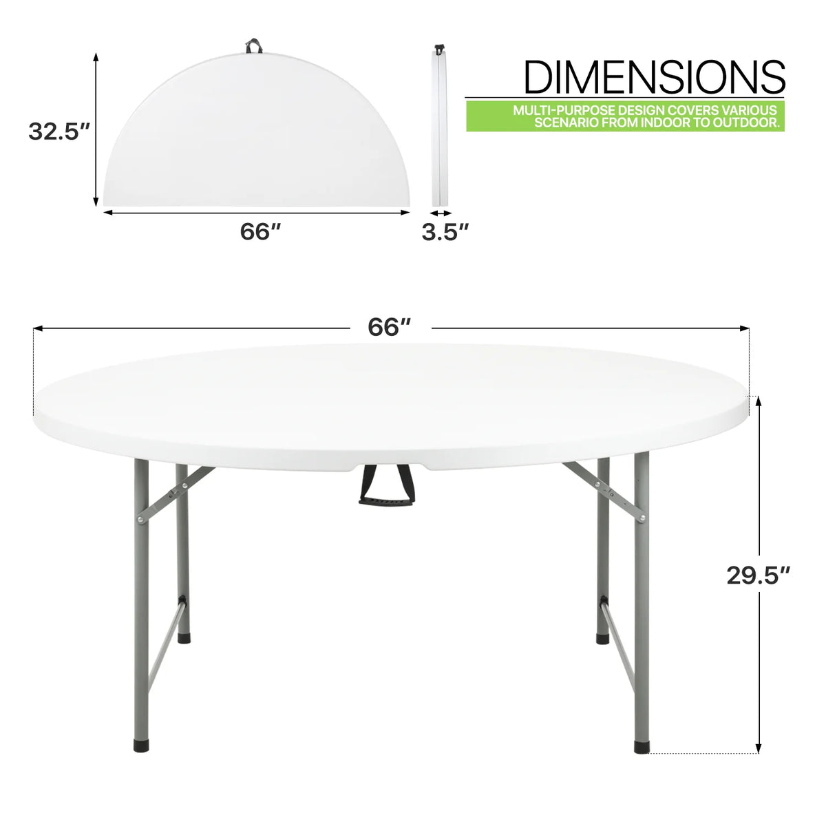 Magshion 5.5FT Round Folding Table, Heavy Duty Plastic Portable Round Table, Indoor Outdoor Foldable Dining Table with Handle, Grey