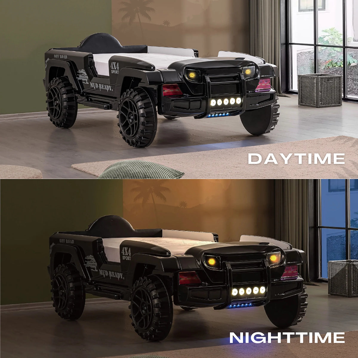 Furniture of America Terra Kids Plastic Twin SUV Bed with LED and Sound, Black