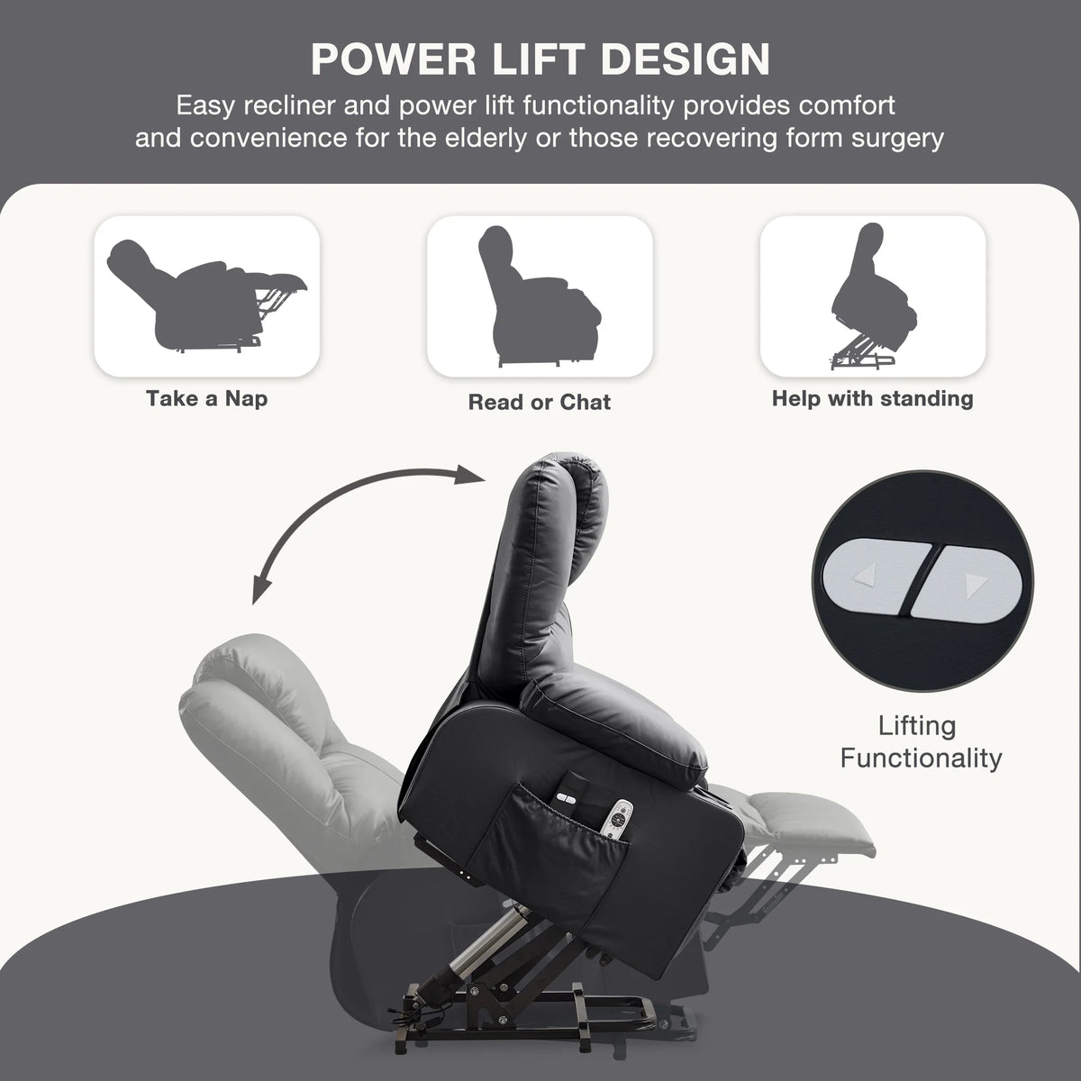 JONPONY Power Lift Recliner Chair Recliners for Elderly with Heat and Massage Recliner Chair for Living Room with Infinite Position and Side Pocket,USB Charge Port,Black