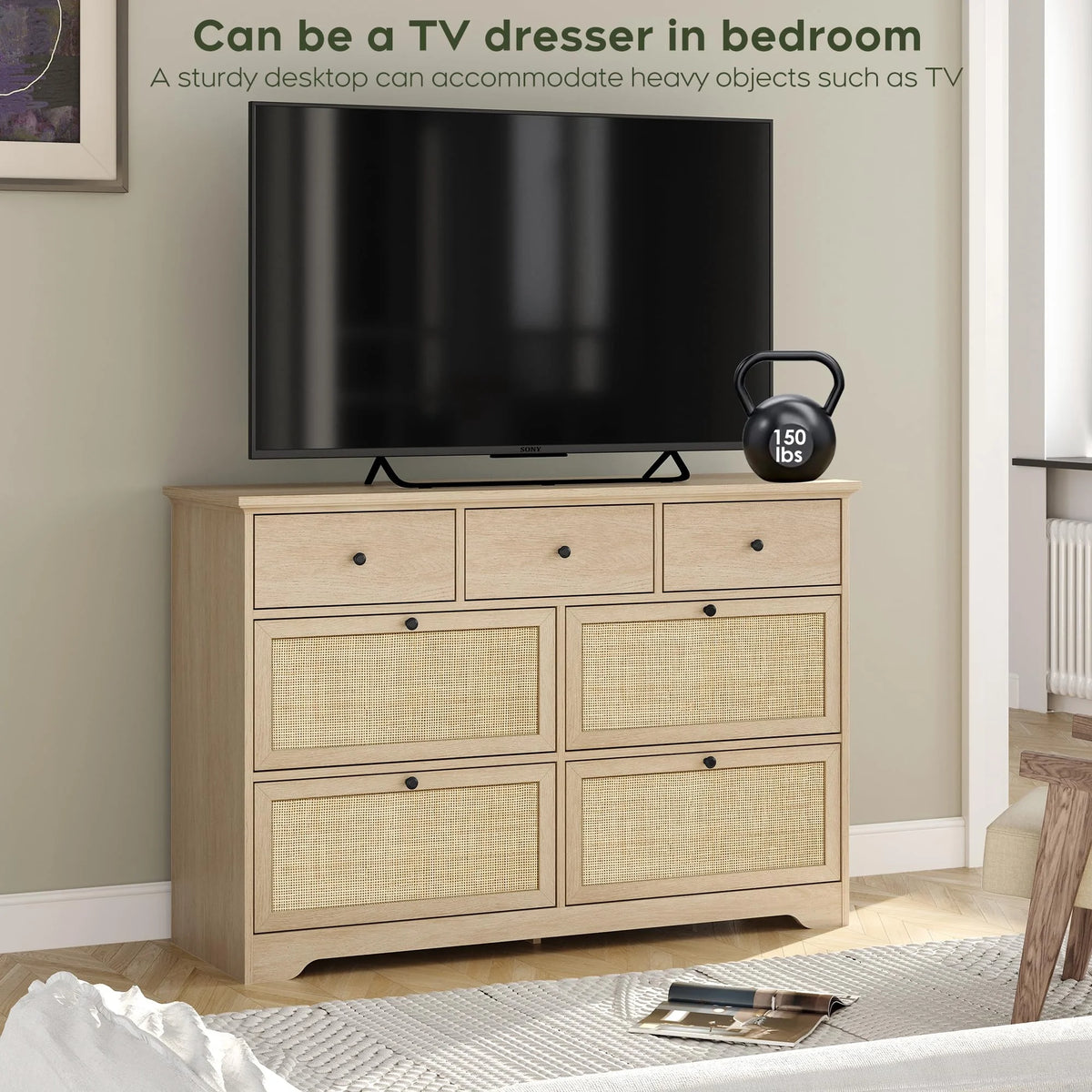 Brafabhome Rattan 6 Drawers Dresser for Bedroom, Vintage Boho Double Dresser Wicker Chest with Wooden Legs for Living Room Hallway| Mint