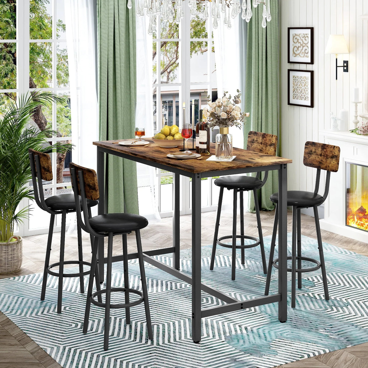 SYNGAR 5 Piece Bar Table Set, Modern Counter Height Dining Set, Home Dining Table and Chairs Set for 4, Kitchen Breakfast Table Set with 4 Cushioned Stools, Bistro Pub Table Set, Rustic Brown