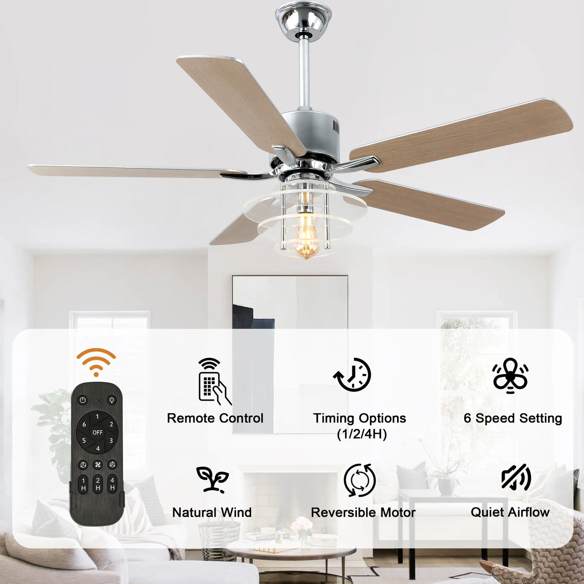 Bella Depot 52" Modern Black Ceiling Fan 6-Speed Reversible with Light and Remote Control