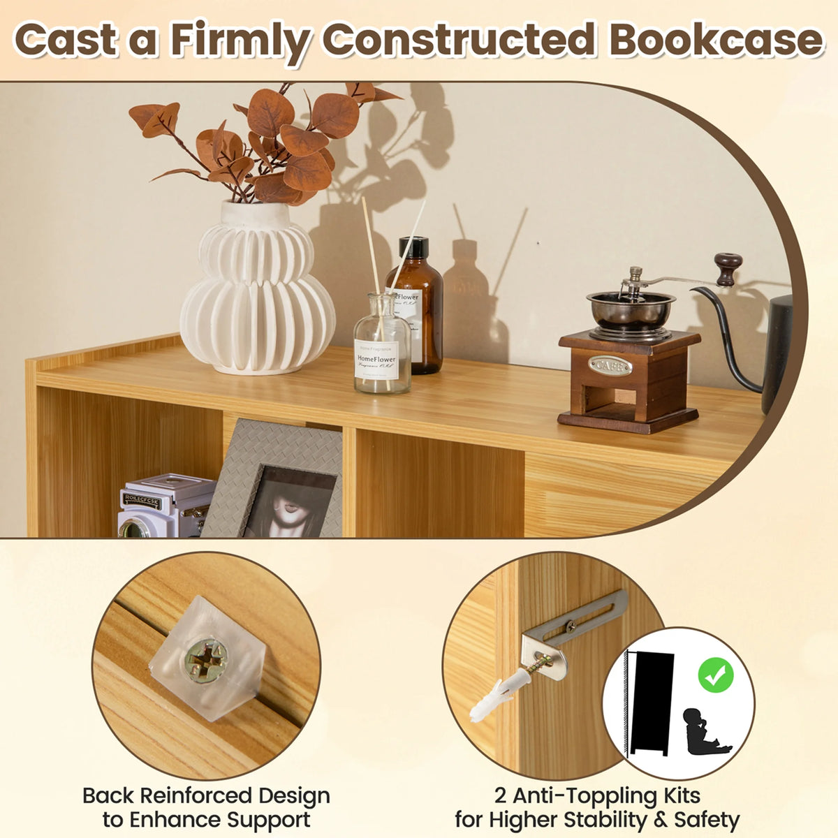 Costway 3-tier Open Bookcase 8-Cube Floor Standing Storage Shelves Display Cabinet White