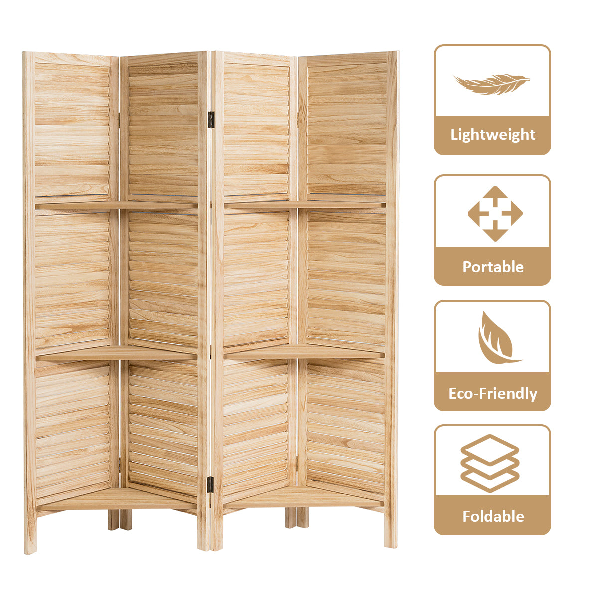 Costway 4 Panel Folding Room Divider Screen W/3 Display Shelves 5.6 Ft Tall