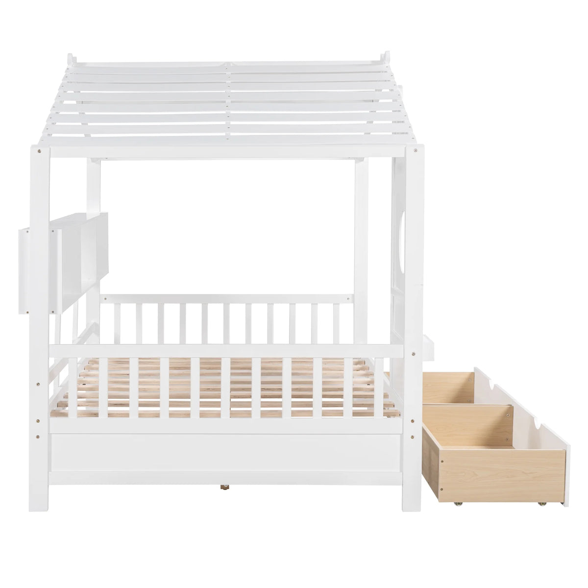 Bellemave House Bed with 2 Drawers and Storage Shelves, Wood Full Size Montessori Bed Frame with Roof and Window, Playhouse Bed for Bedroom (White)