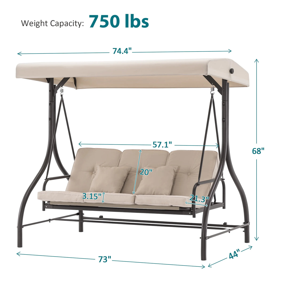 MCombo 3-Seat Outdoor Patio Swing Chair Cushioned with Adjustable Backrest and Canopy, Pillow, Brown