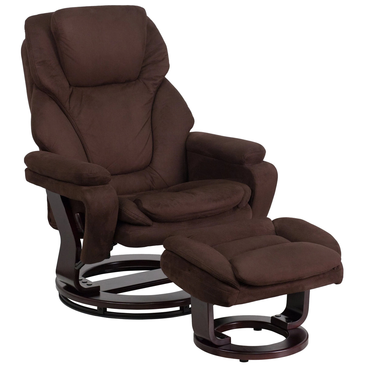Emma + Oliver Multi-Position Recliner & Ottoman with Swivel Wood Base in Brown Microfiber