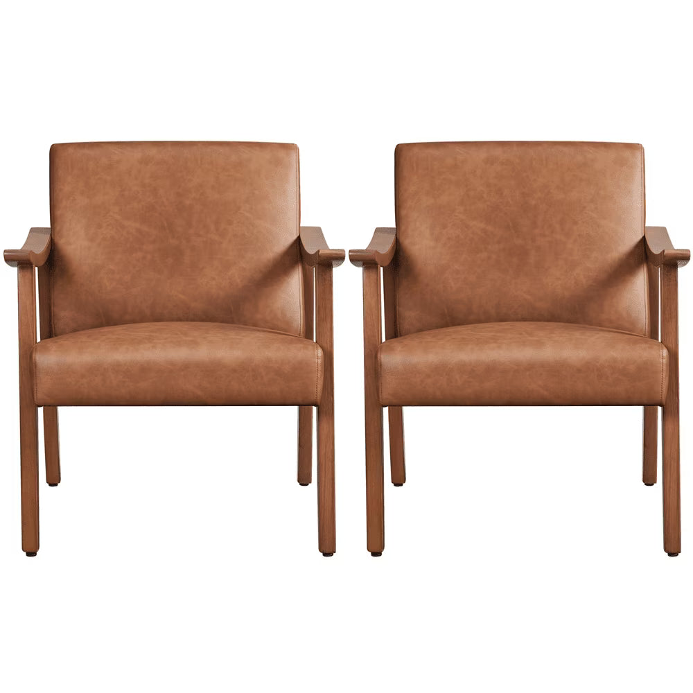 Yaheetech Mid-Century Upholstered Faux Leather Armchair with Solid Wood Legs,Brown