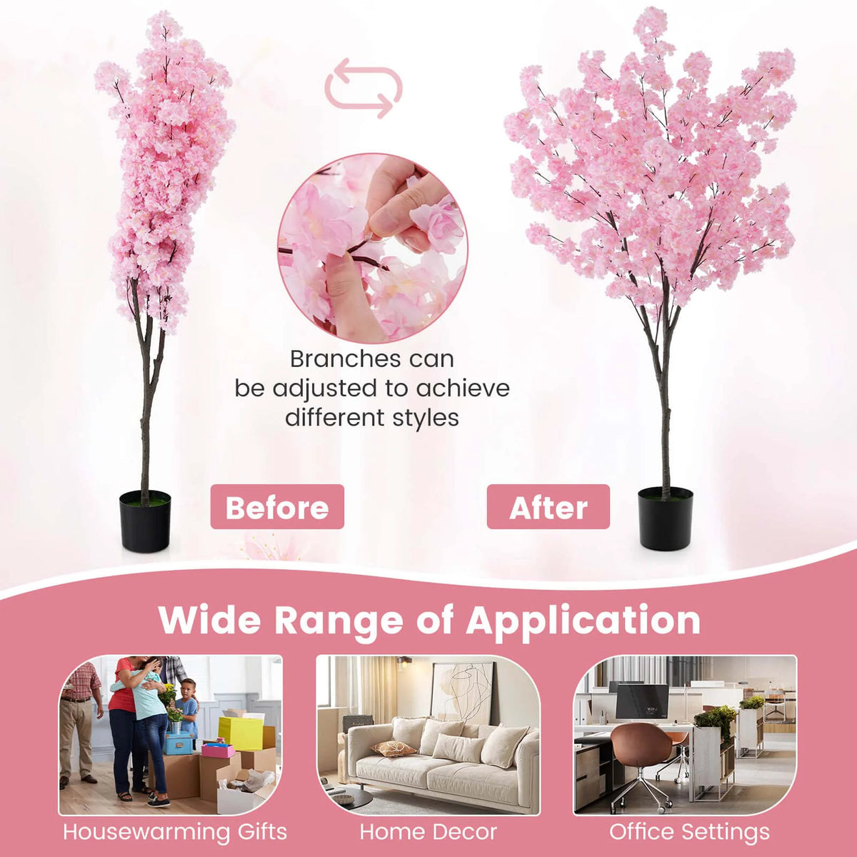 Costway 6.5 FT 2 PCS Tall Artificial Cherry Blossom Tree with 900 Pink Flowers Cement-filled