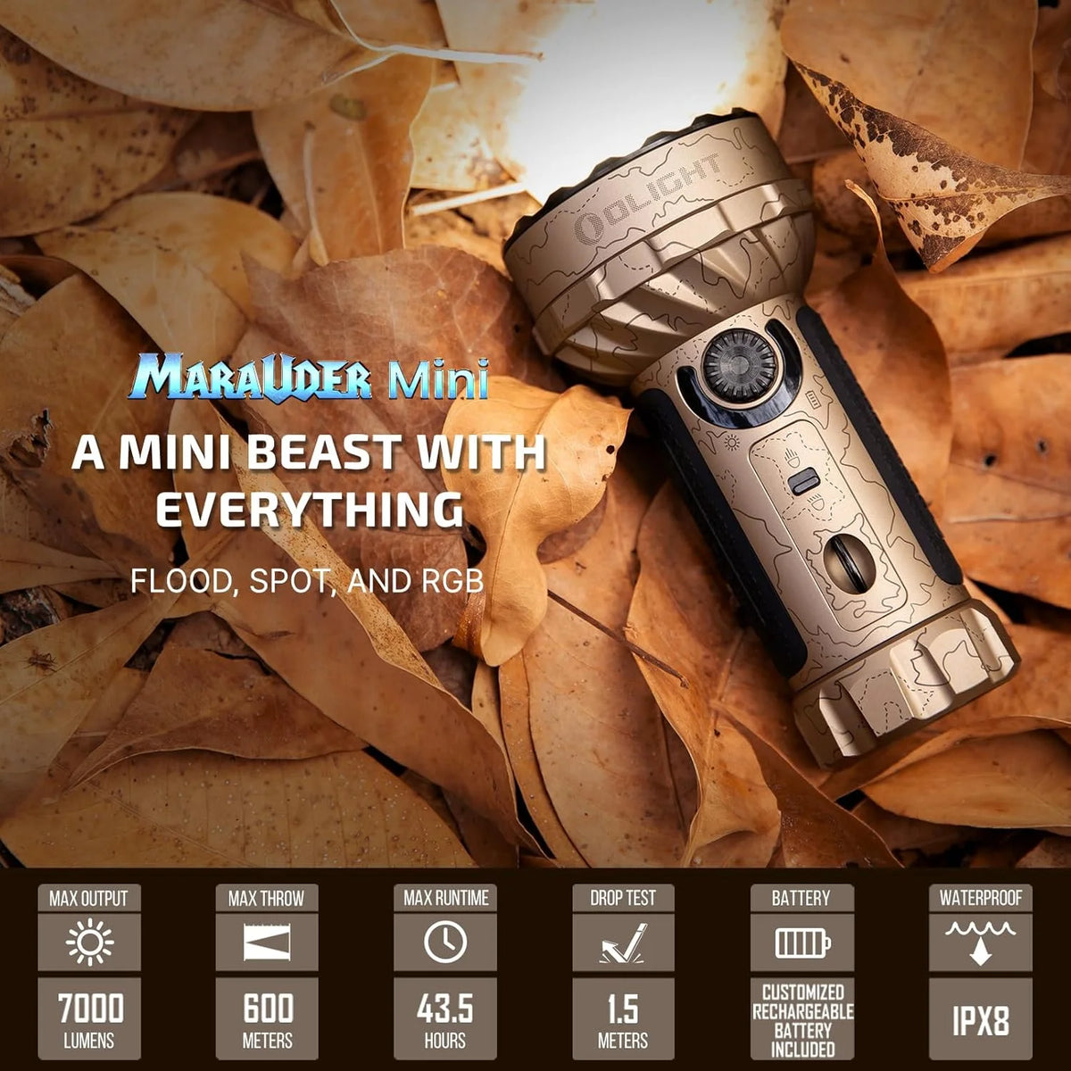 OLIGHT Marauder Mini 7,000 Lumens Bright Flashlight with 600 Meters Beam Distance, Powerful RGB Lights, Magnetic Rechargeable for Outdoors Work, Hunting, and Searching(Black)