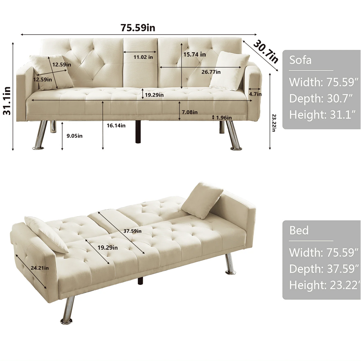Modstyle 76" Fabric Futon Sofa Bed with Adjustable Backrest & Cup Holder, Beige