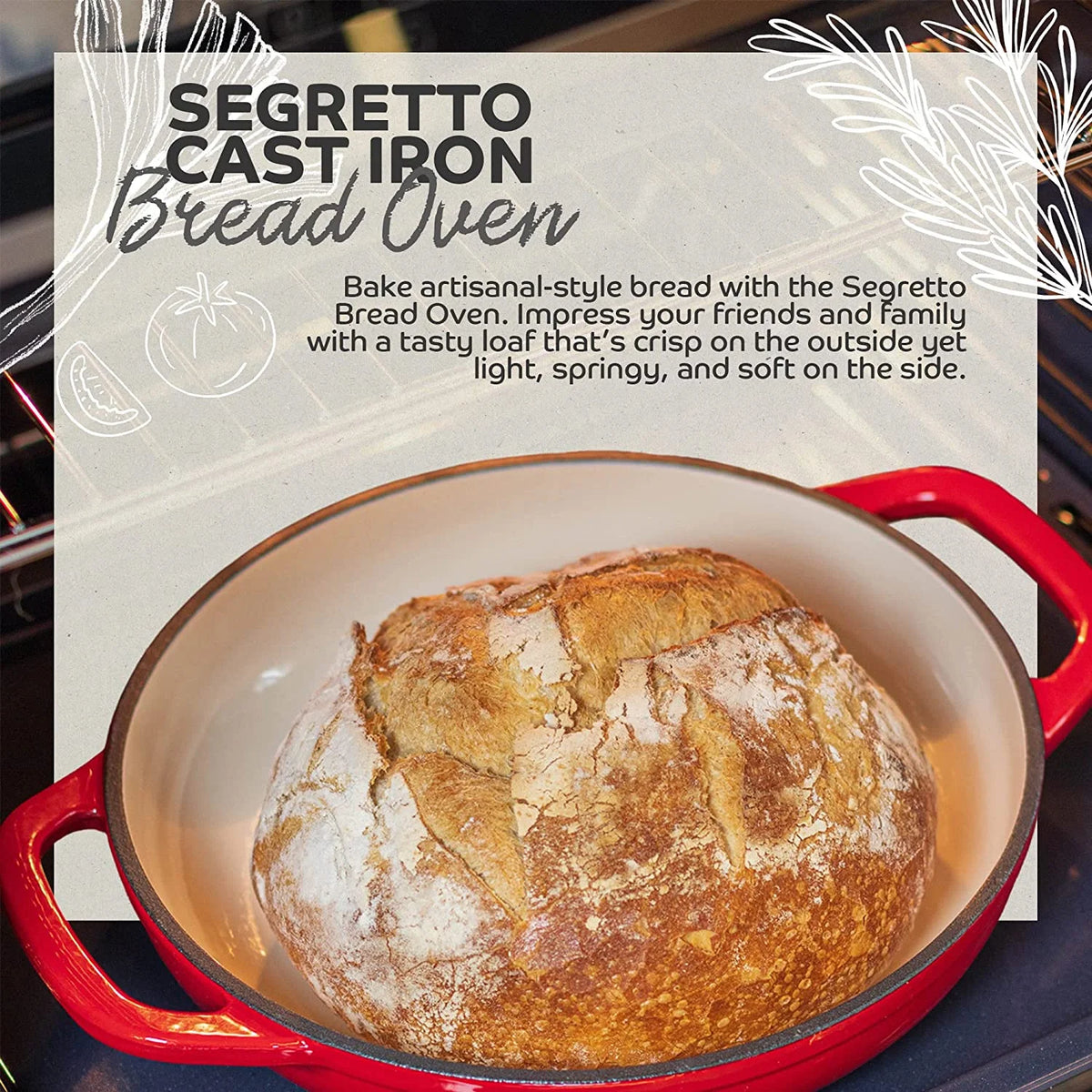 Segretto Cookware 11" Enameled Cast Iron Dutch Oven for Bread, Bread Maker Pan with Lid, Red
