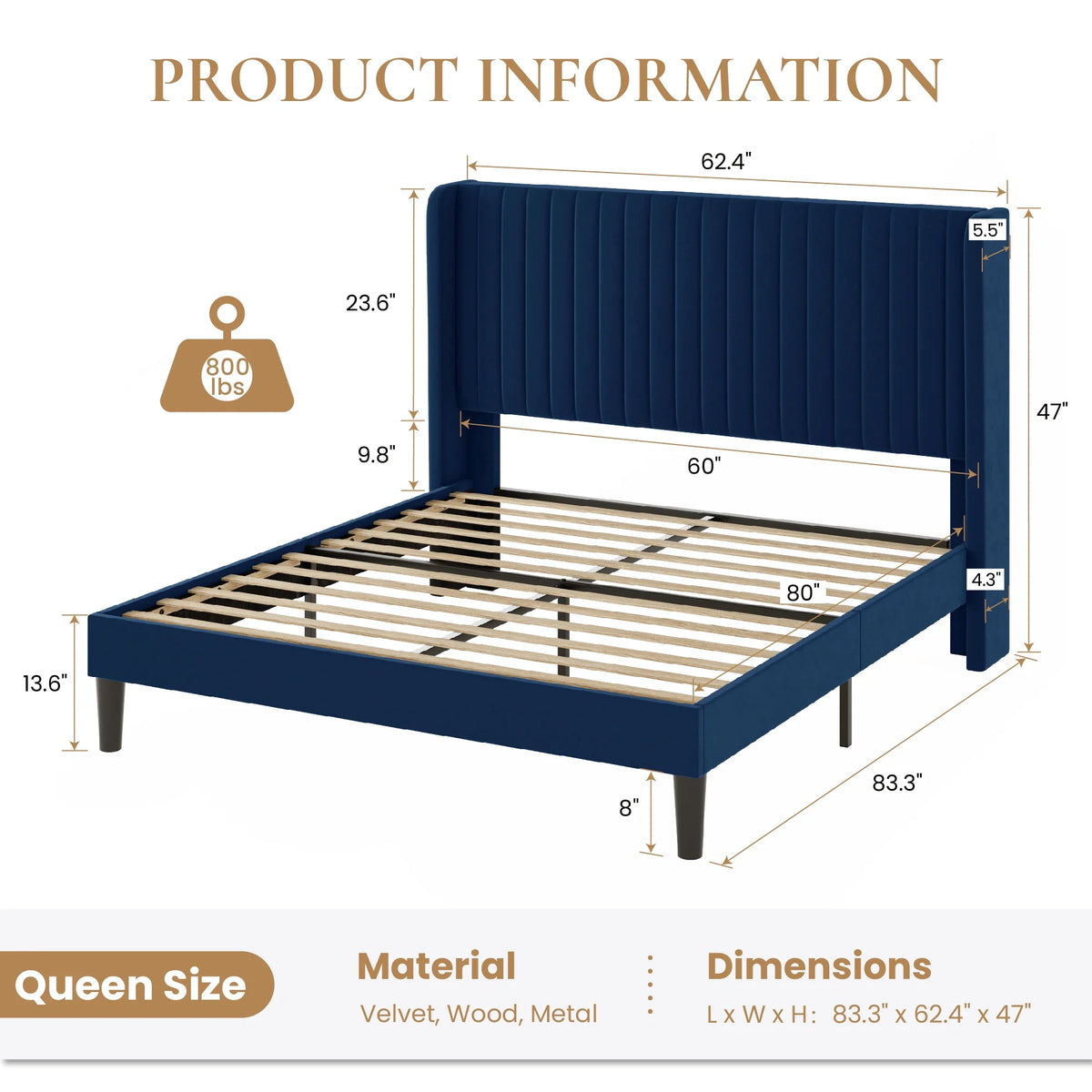 Sha Cerlin Queen Size Upholstered Platform Bed Frame with Velvet Channel Wingback Headboard, Off White
