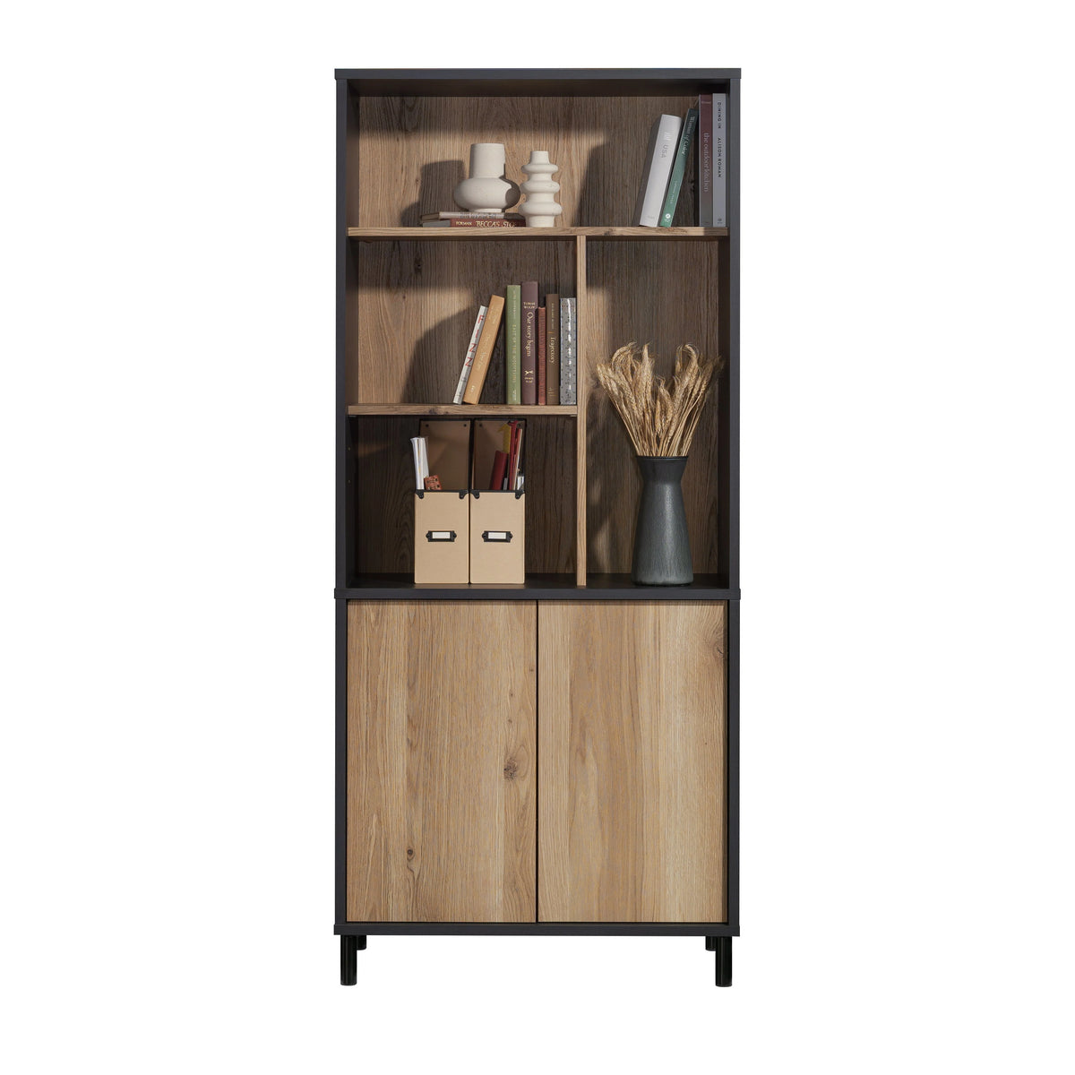 Sauder Acadia Way 5-Shelf Tall Bookcase with Doors, Raven Oak Finish