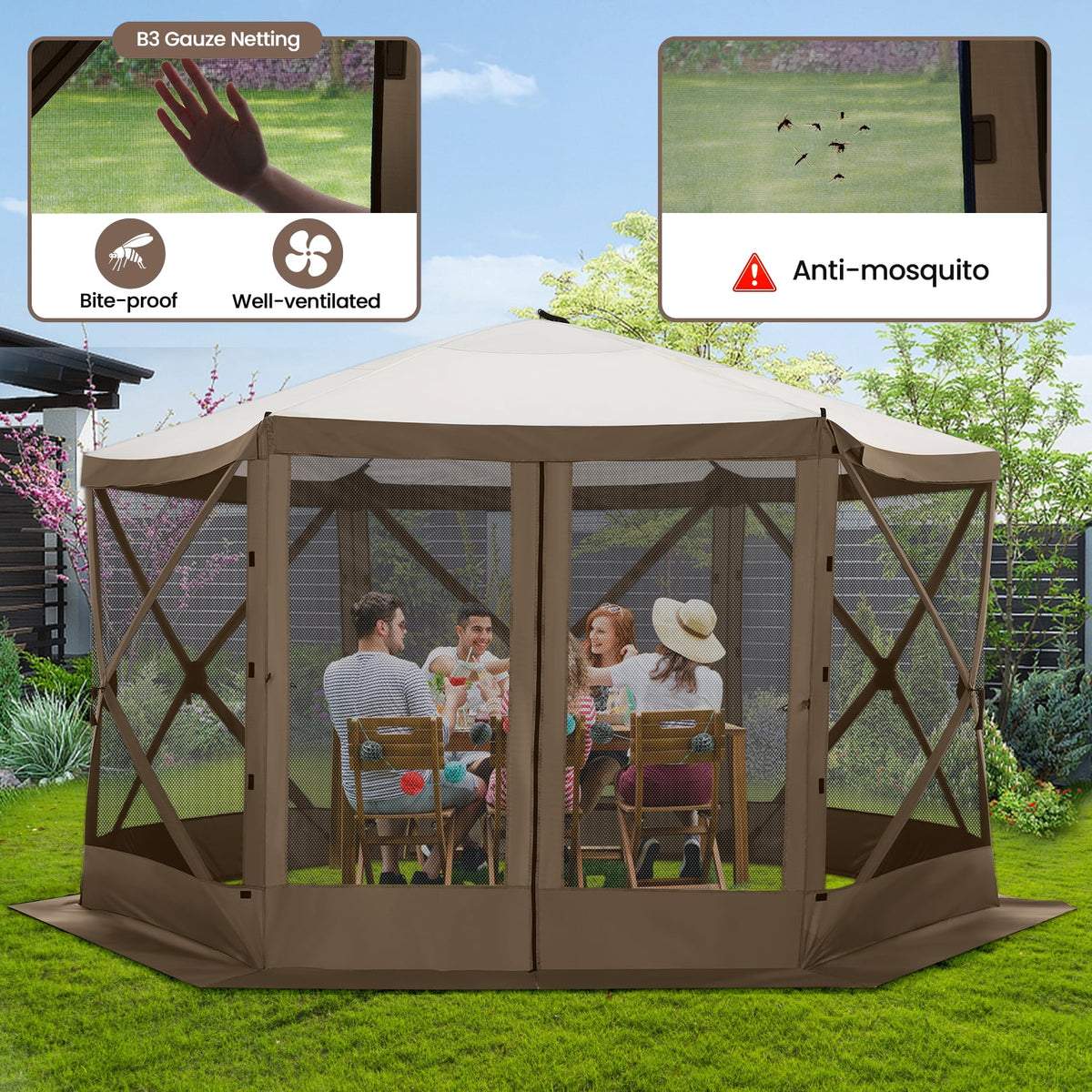 SANOPY 12'x12' Gazebo Outdoor Pop up Gazebo Screen Tent with 6 Sides Mosquito Netting Camping Gazebo Instant Shelter Glamping Tent with Carry bag, Ground Spike, Gray