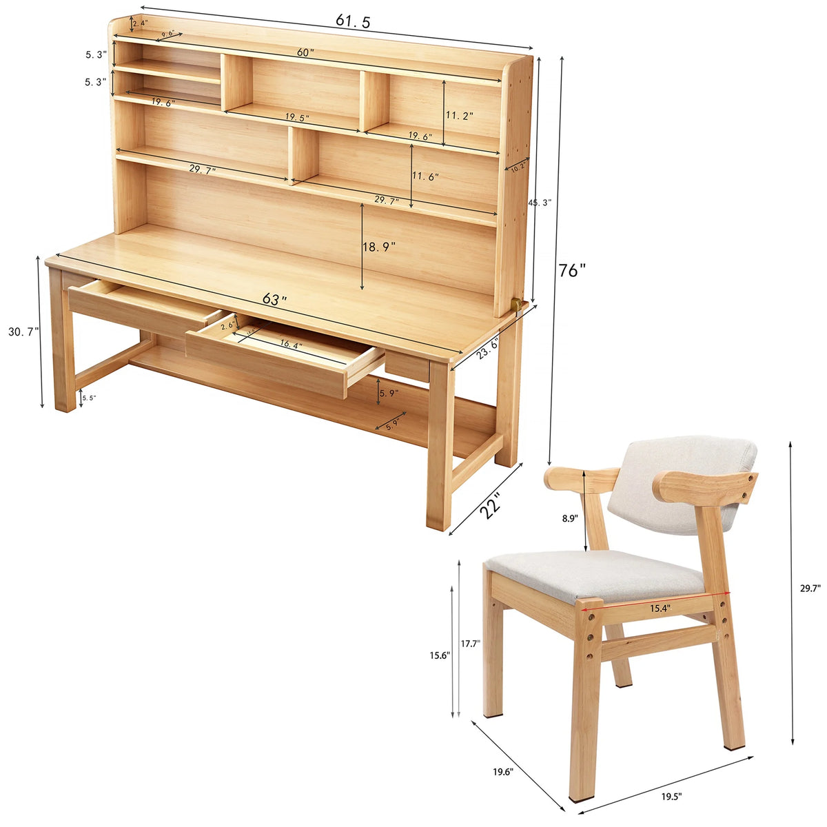 BALANBO Solid Wood Kids Desk and Chair Set with Hutch,Study Computer Desk with Drawers, Extra Large Two Person Study Desk Writing Table, Student White Desk with Bookshelf for Bedroom,Study Room,White