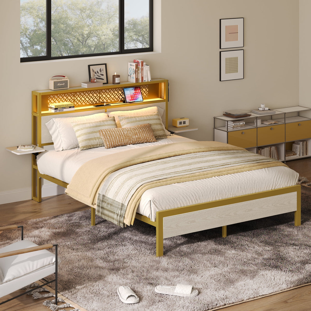 Bestier Queen Size Platform Bed Frame with Wood Foldable Bedside Shelves and LED Storage Headboard Charge Station, Gray