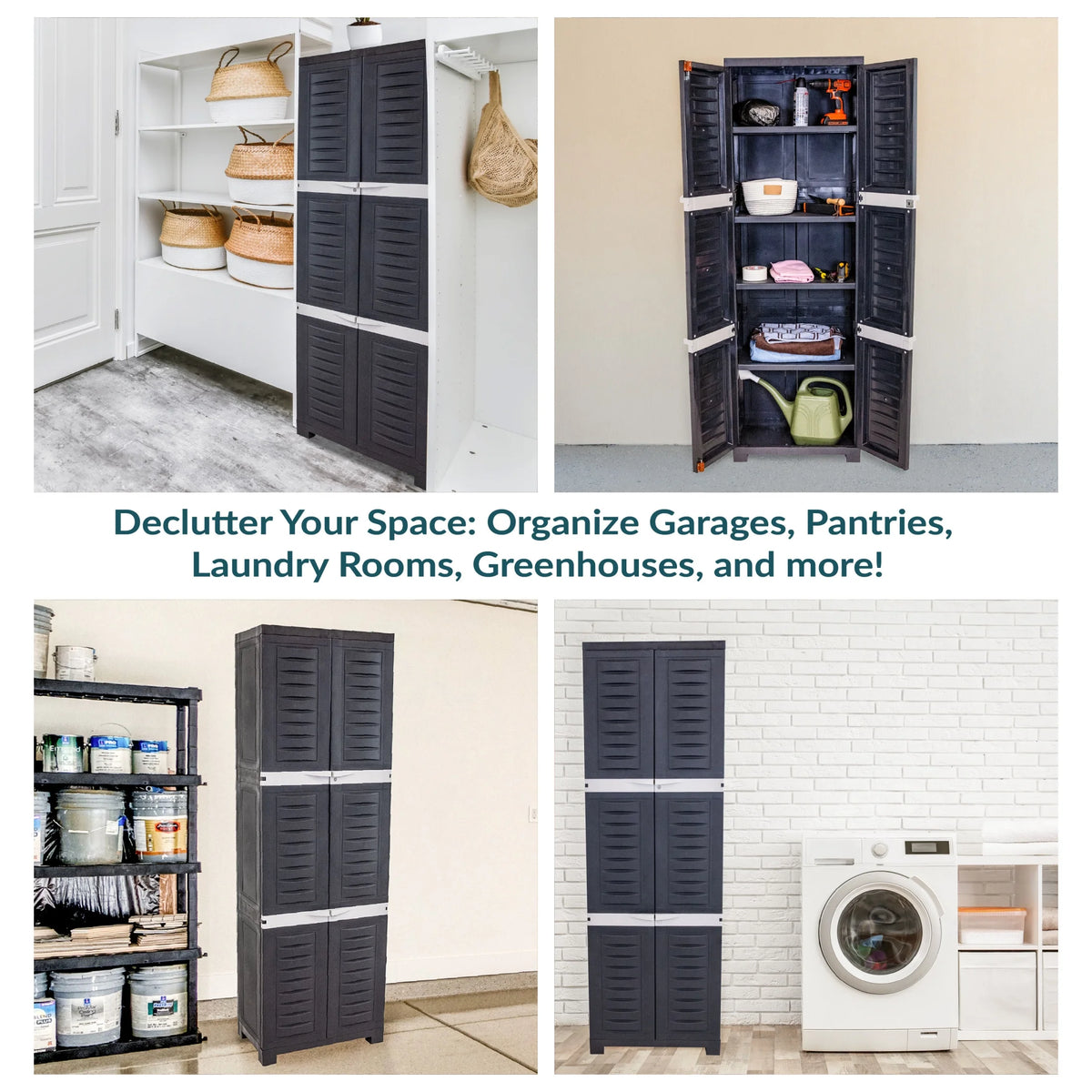 Sunnydaze Lockable Adjustable 72" Plastic 4-Shelf Freestanding Garage Storage Cabinet, Charcoal with Gray Trim